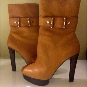 MICHAEL KORS COGNAC SIDE ZIPPER PLATFORM HIGH HEELED ANKLE BOOTS SIZE 8